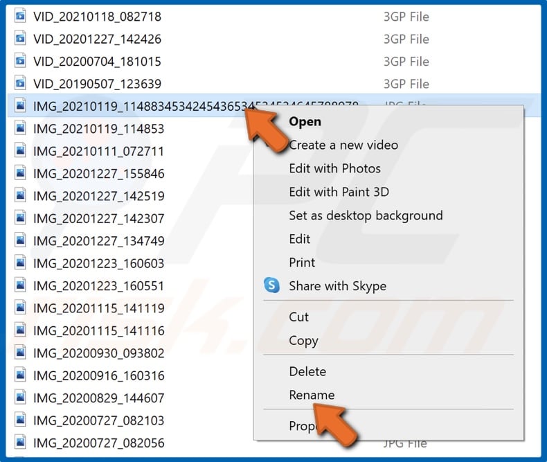Right-click file and click Rename
