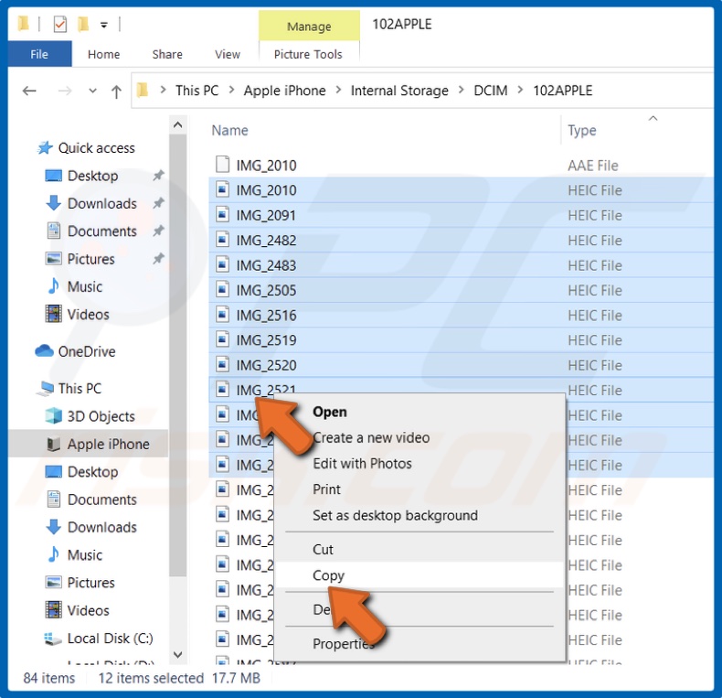 Right-click files and click Copy