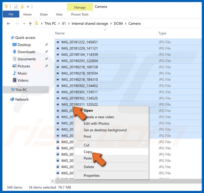 Right-click files and click Copy