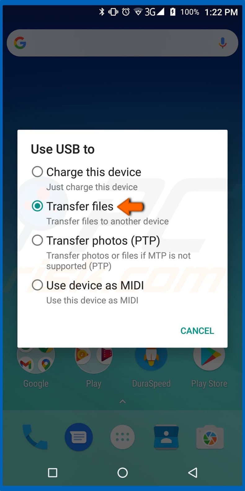 Tap Transfer files (MTP)