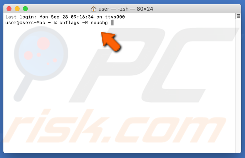 Type command chflags -R nouchg (space) in Terminal window