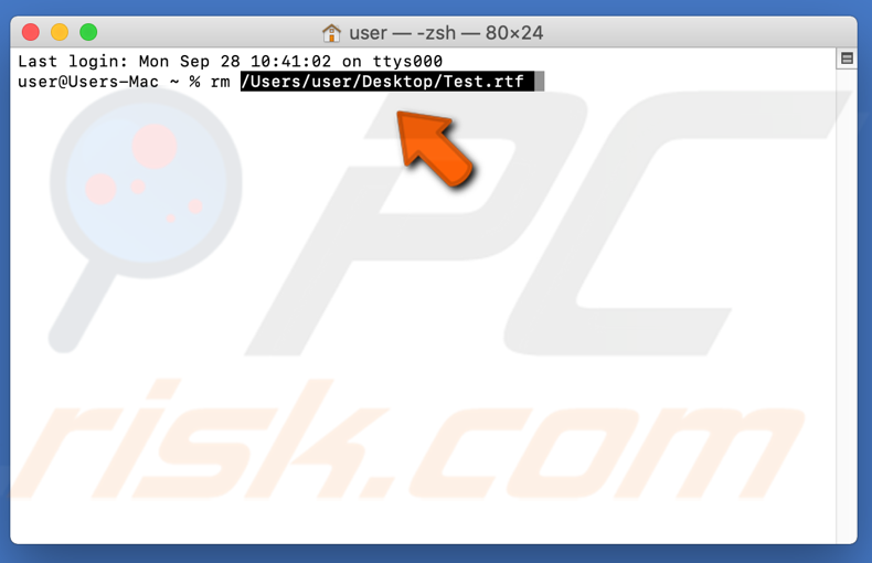 Terminal command rm (space) to delete files