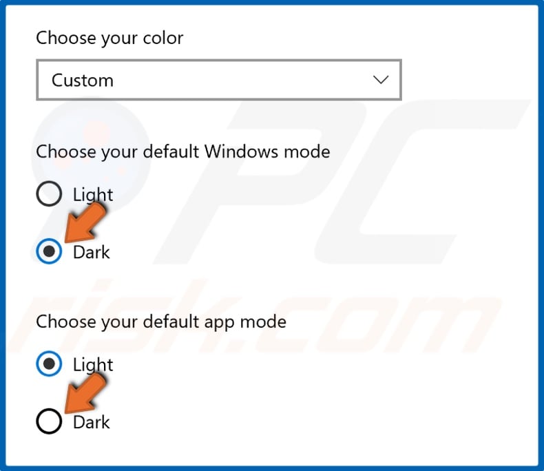 Tick Dark for both default Windows mode and default apps mode