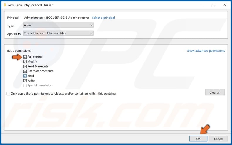 Mark the Full control checkbox and click OK