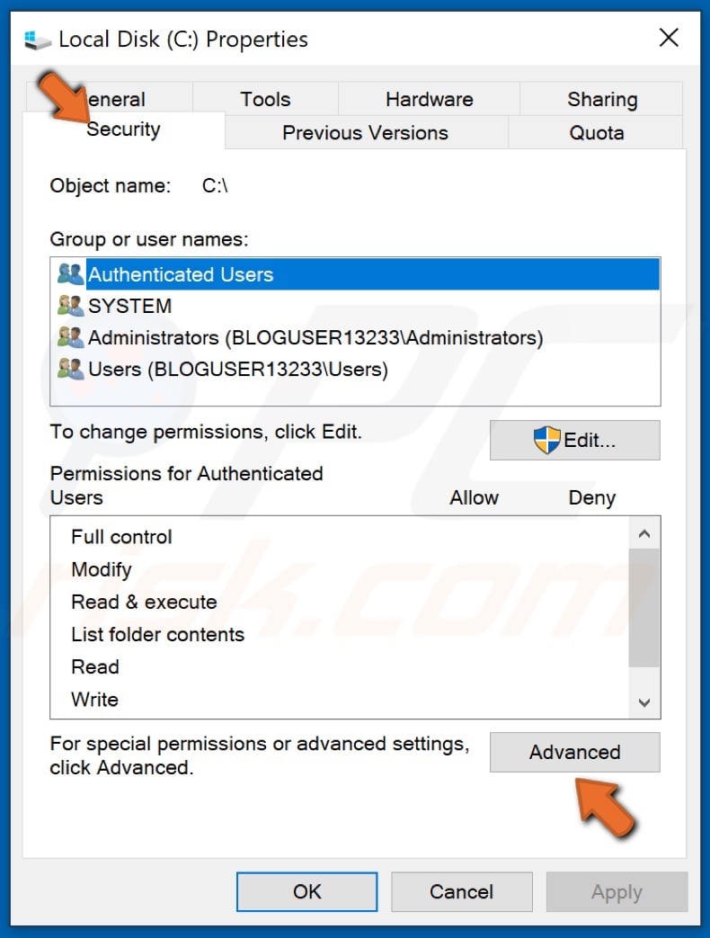 Navigate to the Security tab and click Advanced