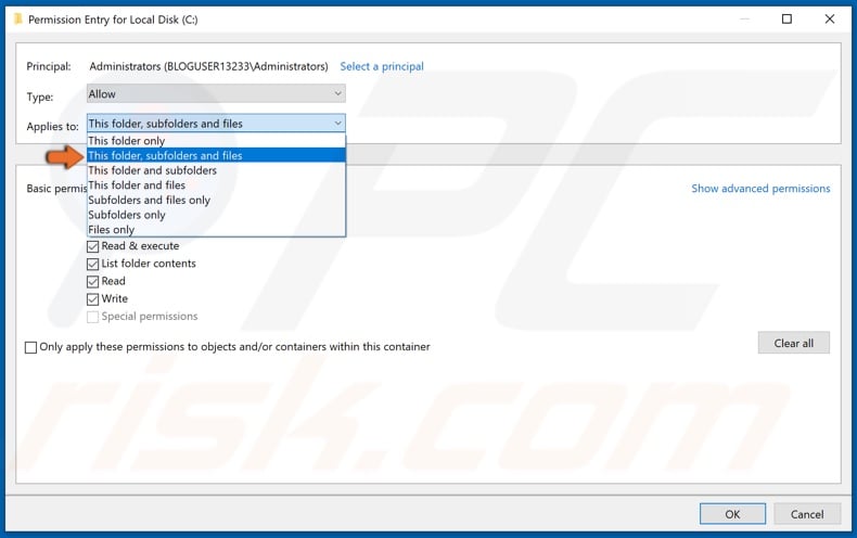 Select This folder, subfolders, and files in the drop-down menu