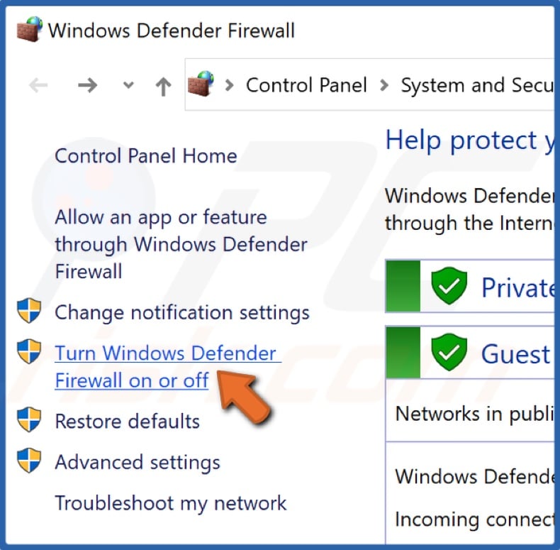 Click Turn Windows Defender Firewall on or off