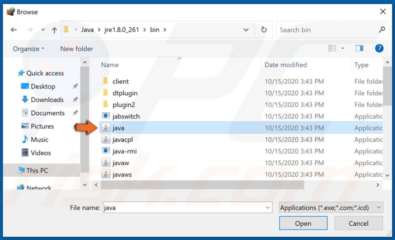 Select Java.exe and click Open