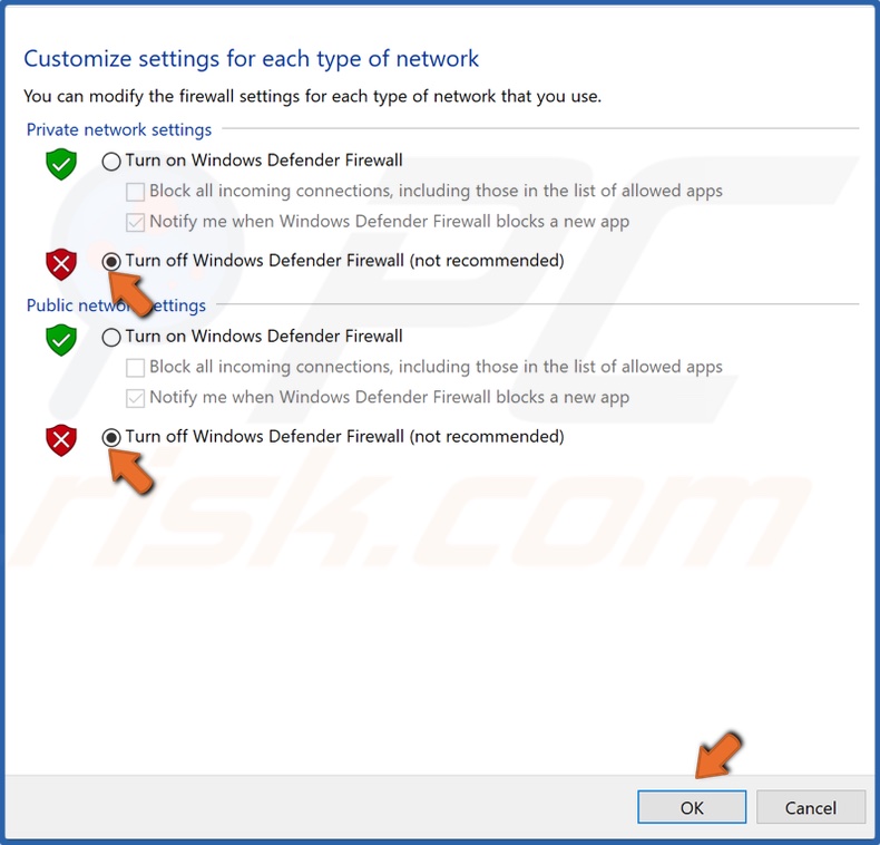 Turn Windows Defender Firewall off