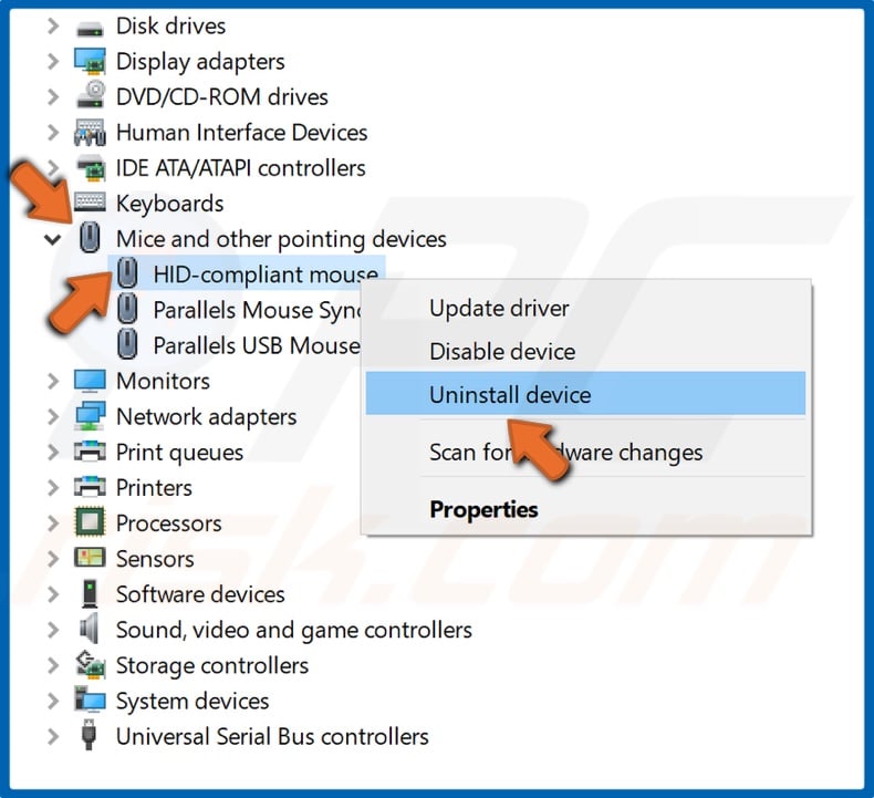 Right-click your Logitech mouse and click Uninstall device
