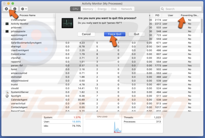 Force Quit app that is preventing Mac from sleep in Activity Monitor