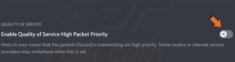 Toggle the Enable Quality of Service High Packet Priority off