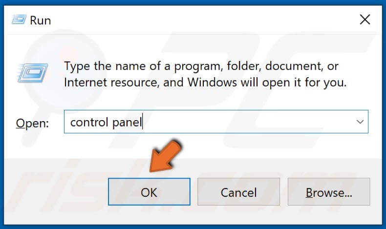 Type in Control Panel in Run and click OK