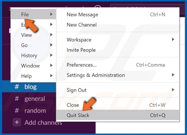 Go to File and click Quit Slack