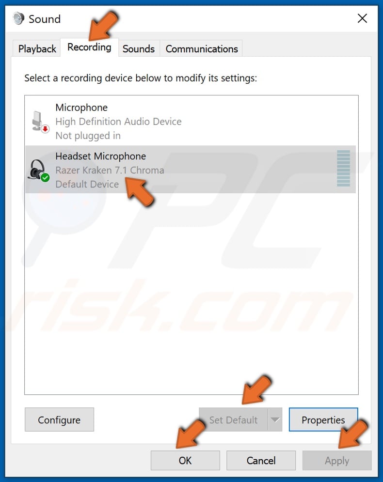 Select your microphone and click Set default