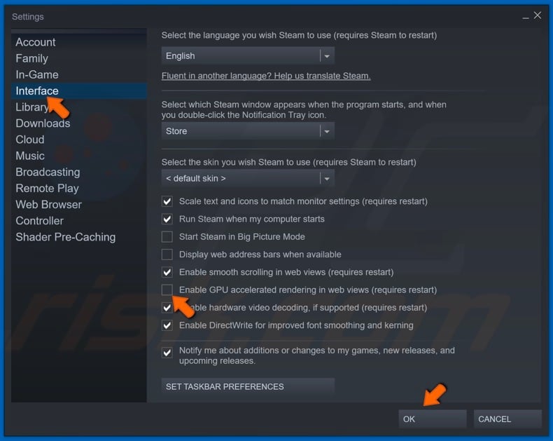 Select Interface and uncheck GPU accelerated rendering and click OK