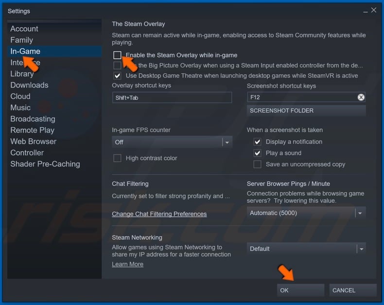 Then disable the Steam Overlay and click OK
