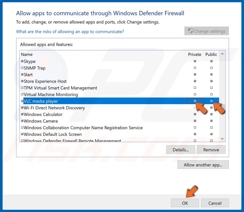 Mark the Private and Public checkboxes and click OK