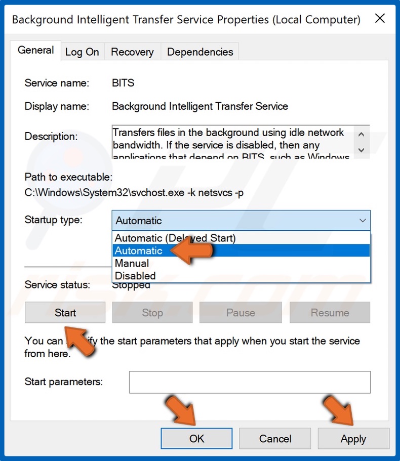 Set BITS to start automatically