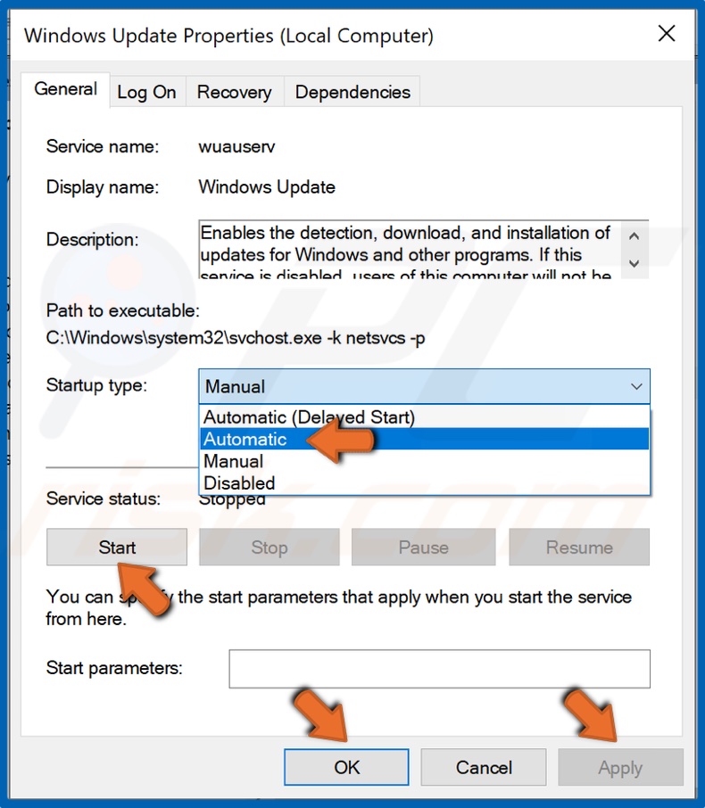 Set Windows Update service to start automatically