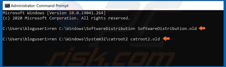 Enter the commands to rename the SoftwareDistribution folder