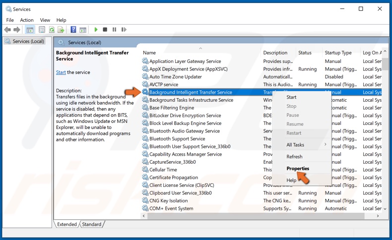 Right-click BITS and click Properties