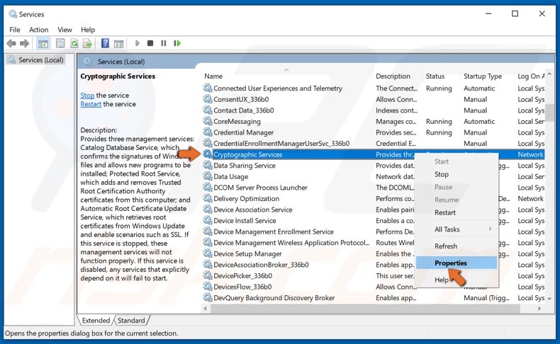 Right-click Cryptographic Services and click Properties