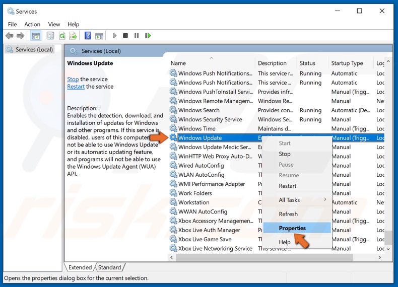 Right-click Windows Update service and click Properties