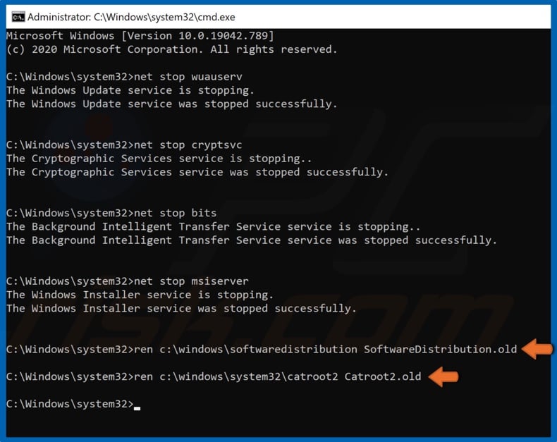 Rename SoftwareDistribution and Catroot2 folders