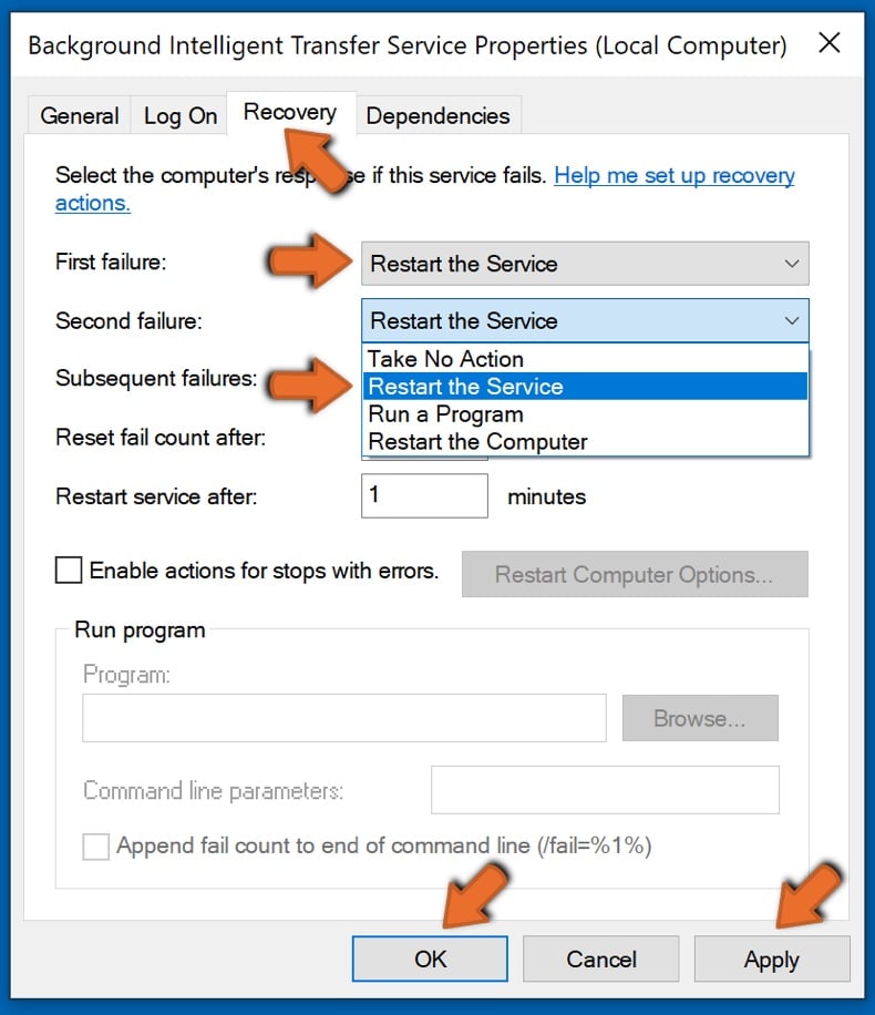 Set BITS to restart on first and second failure