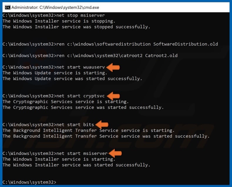 Run commands to start Windows Update services