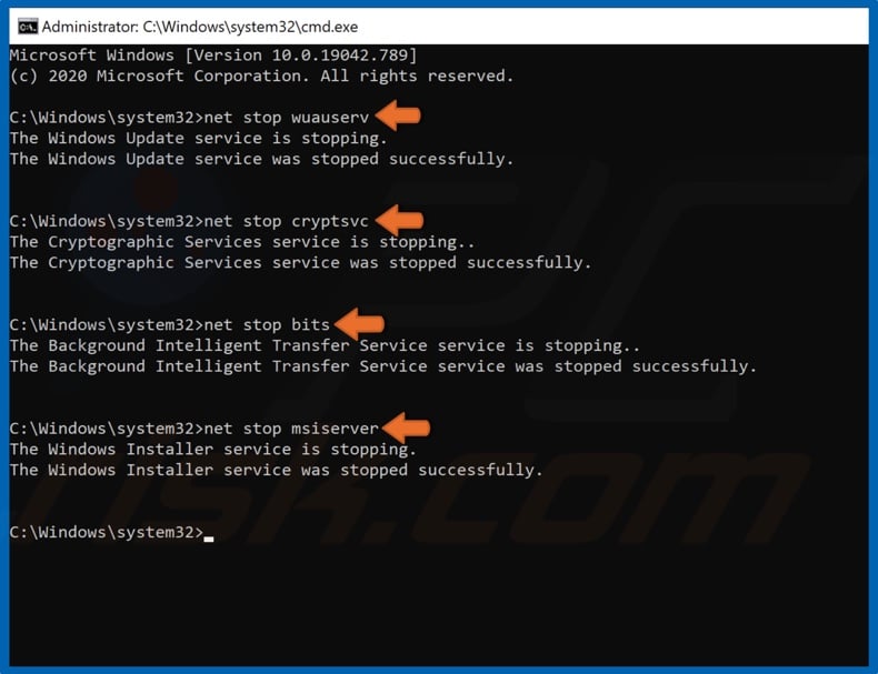 Run commands to stop Windows Update services
