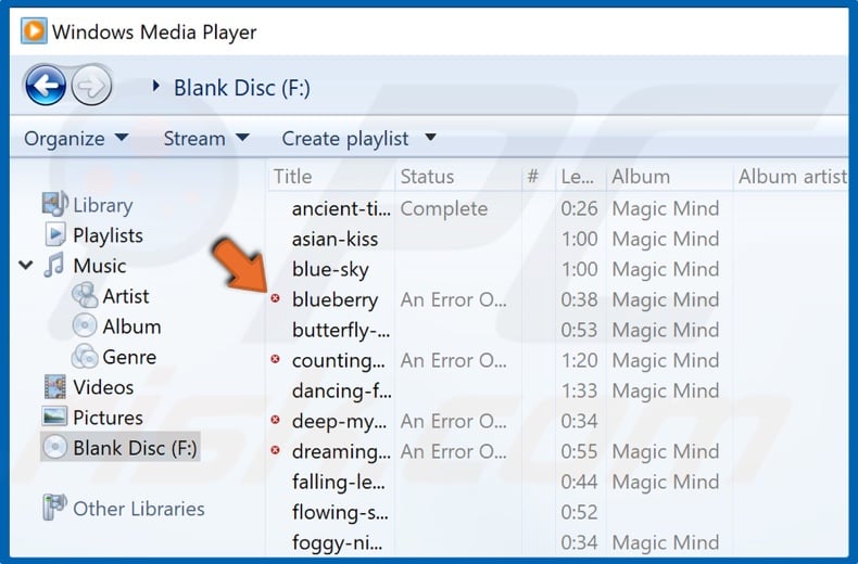 Identify the files with a white X within a red circle next to them