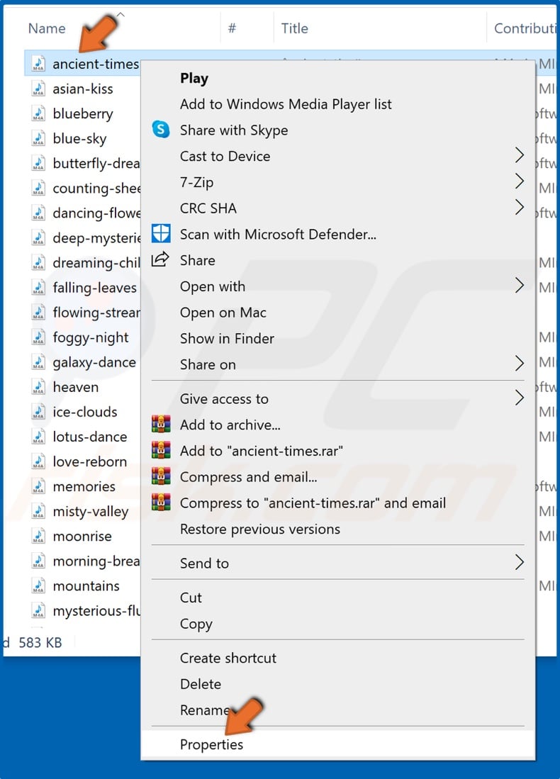 Right-click a file and click Properties