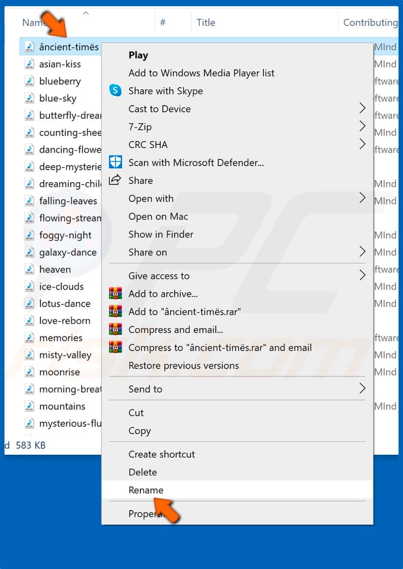 Right-click a file and click Rename