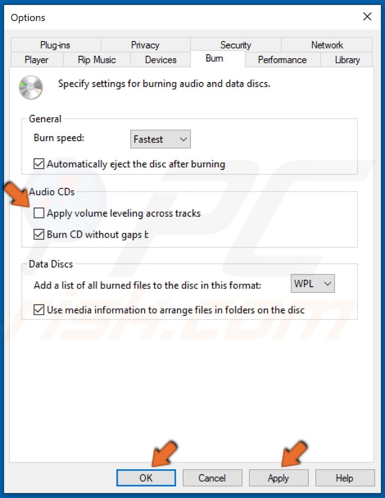 Uncheck the volume leveling option and click OK