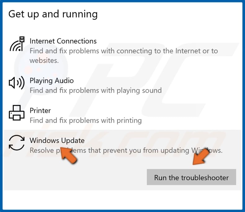 Click Windows Update and click Run the troubleshooter