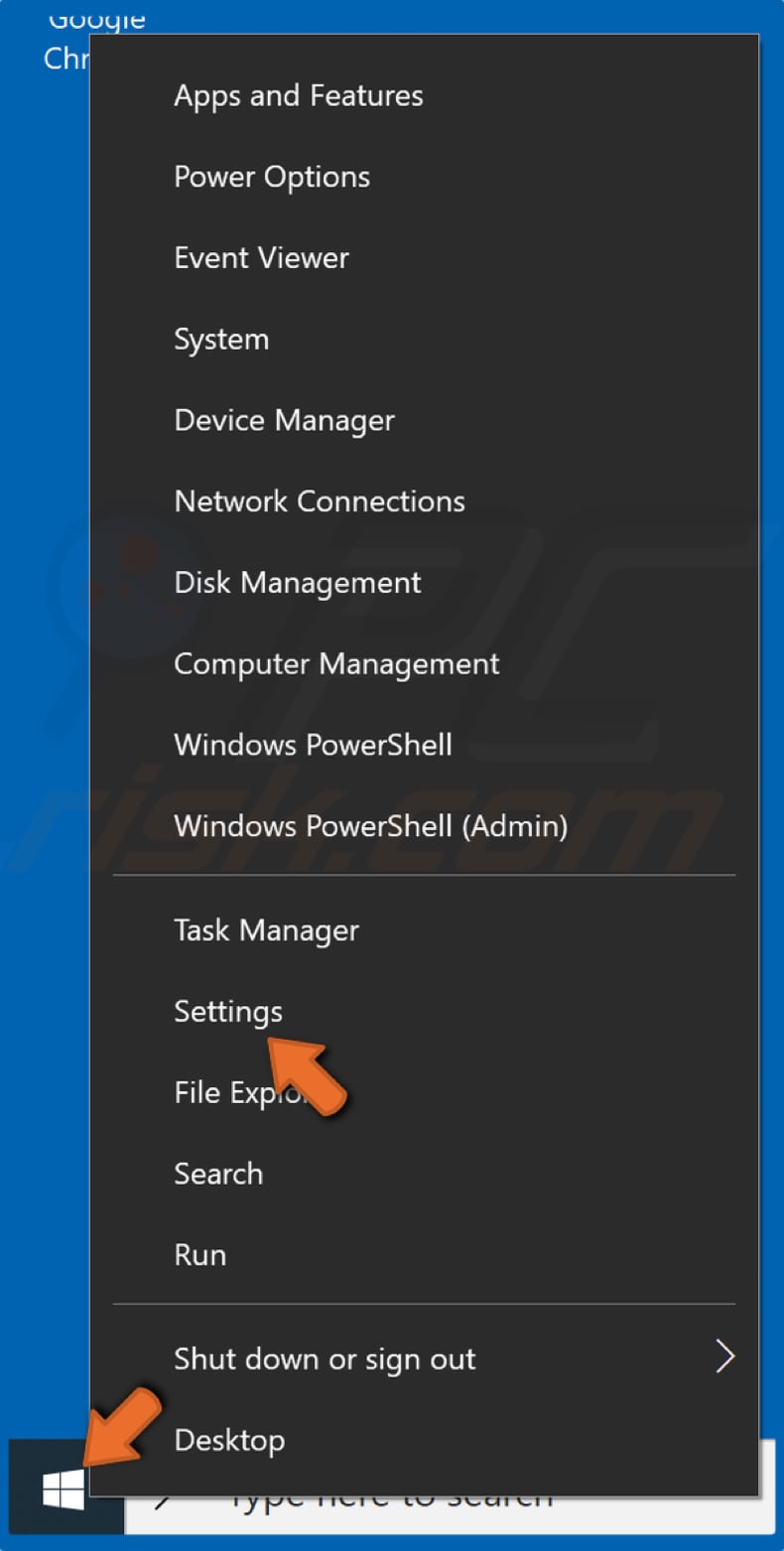Right-click the Start button and click Settings