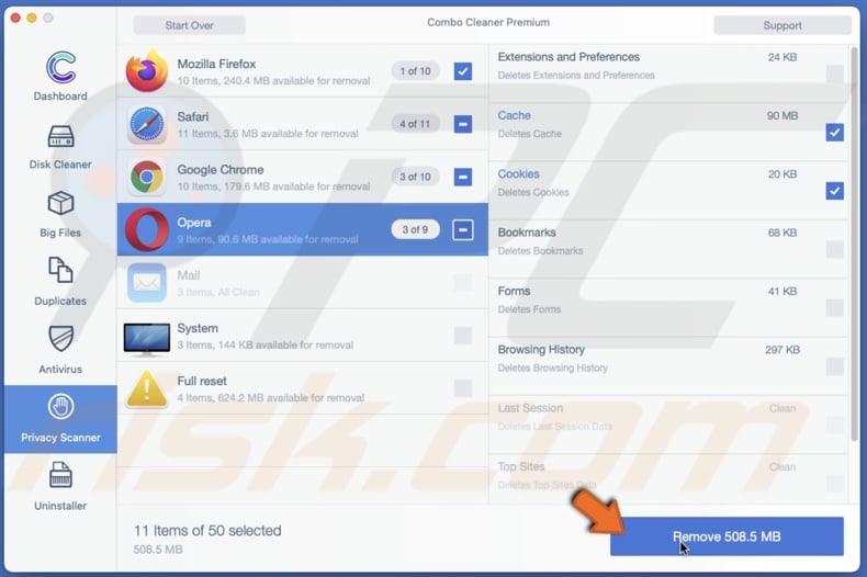 Remove Browser Cache using Combo Cleaner