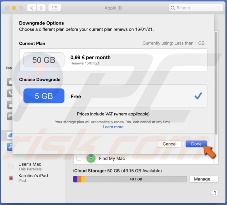 Choose a downgrade plan and click on Done
