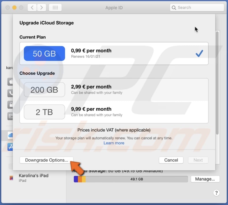 Click on Downgrade Options