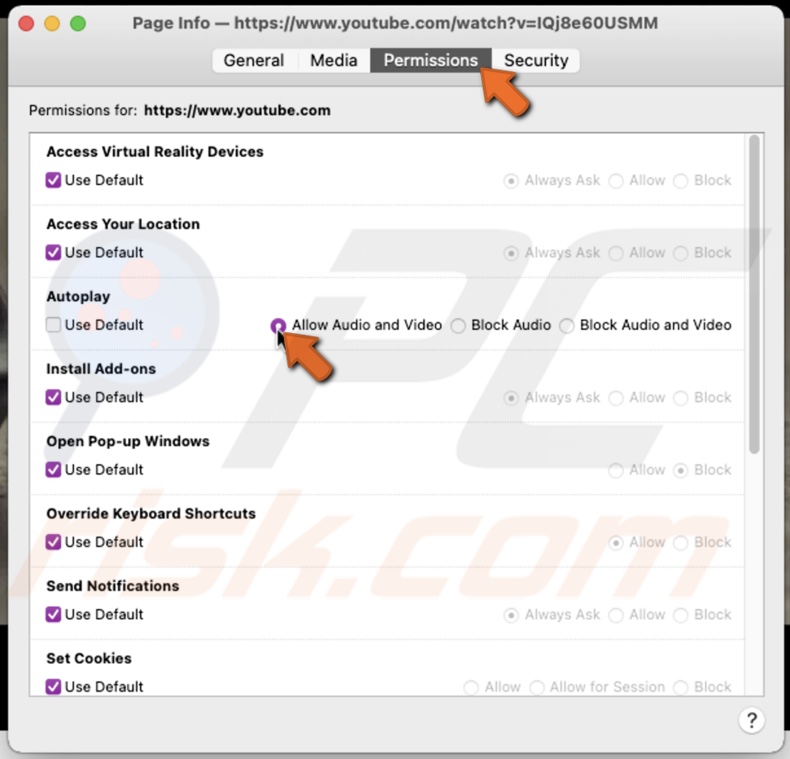 Allow audio and video to specific website in Firefox