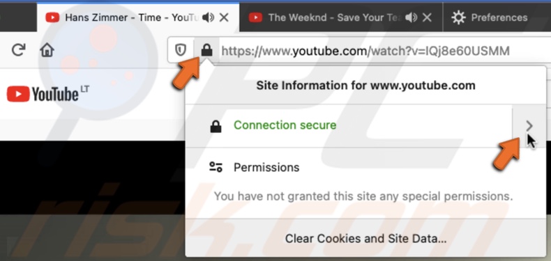 Click on the padlock and arrow next to site URL in Firefox