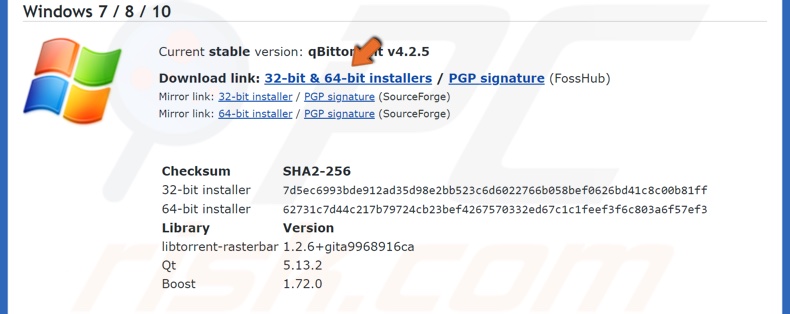 Click the qBittorrent download link for Windows