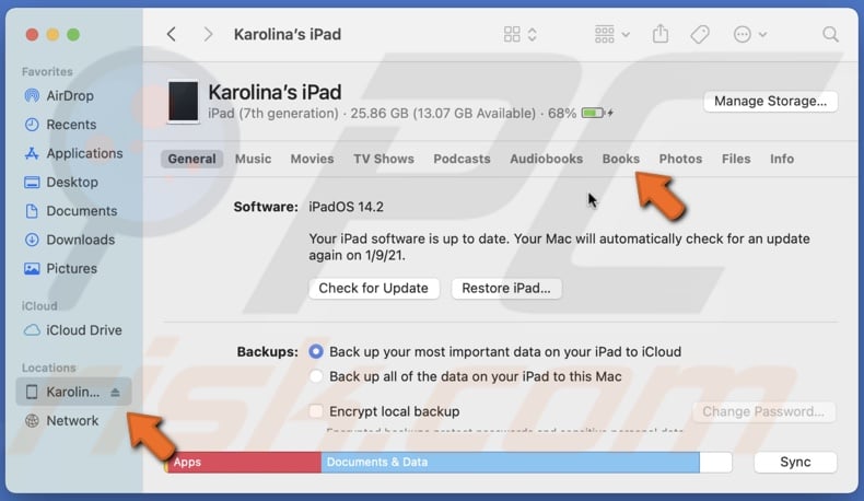 Go to iOS device books tab in Finder