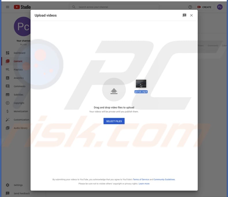 Drag and drop your video to upload window