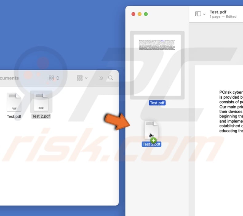 Drag PDF to another PDf to combine in Preview