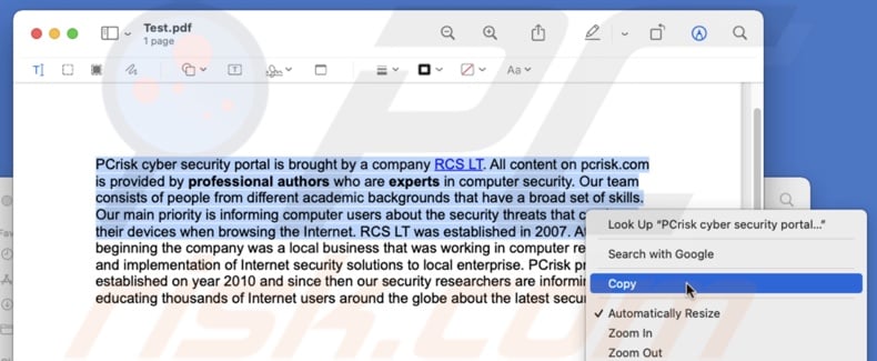 select text and choose an action in Preview