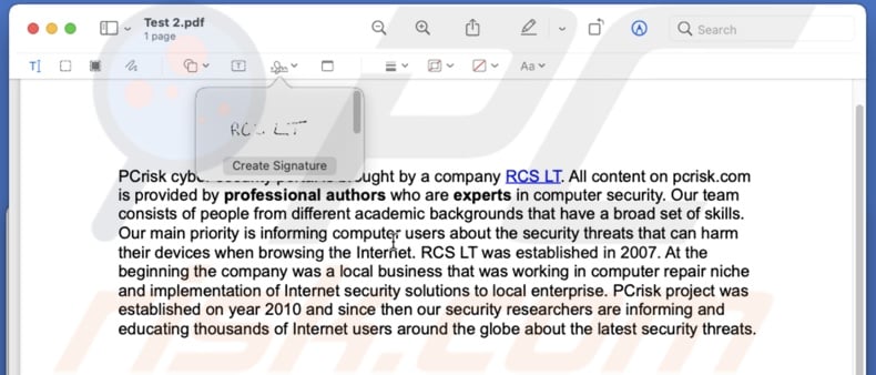 Signature created in Preview