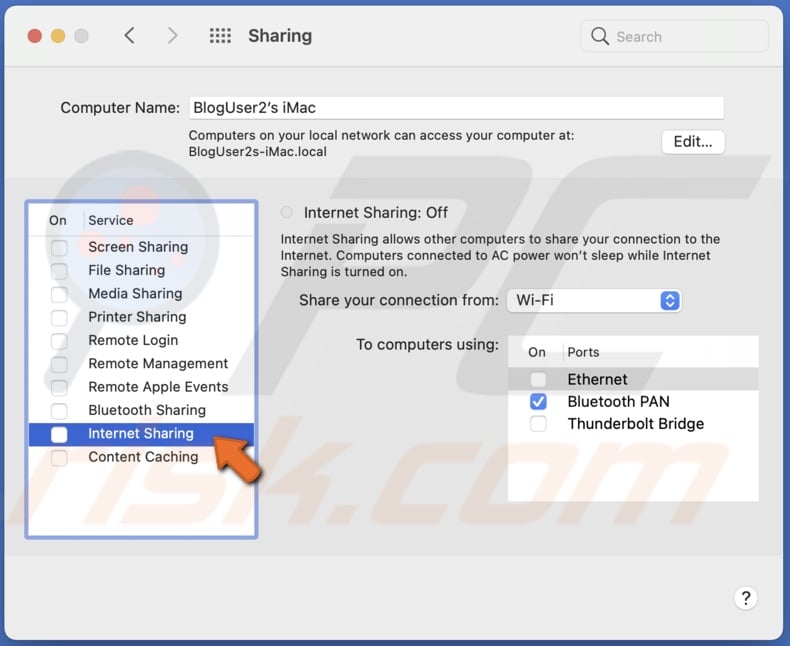 Select Internet Sharing